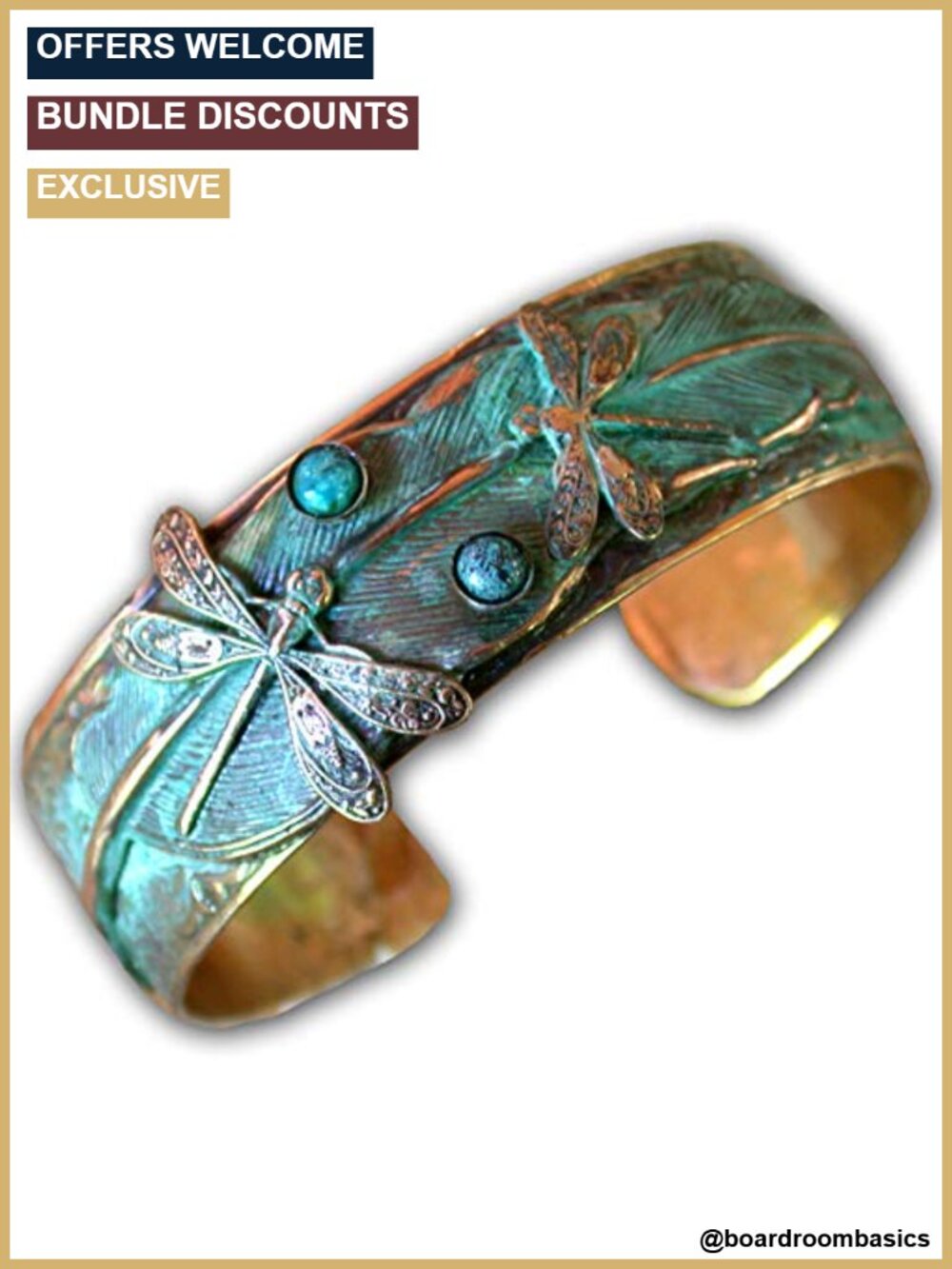 Handmade Dragonfly Cuff Bracelet Solid Brass Turquoise Stone